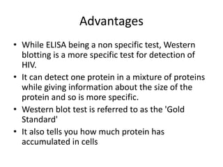Advantages
• While ELISA being a non specific test, Western
blotting is a more specific test for detection of
HIV.
• It can detect one protein in a mixture of proteins
while giving information about the size of the
protein and so is more specific.
• Western blot test is referred to as the 'Gold
Standard'
• It also tells you how much protein has
accumulated in cells
 
