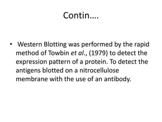 Contin….
• Western Blotting was performed by the rapid
method of Towbin et al., (1979) to detect the
expression pattern of a protein. To detect the
antigens blotted on a nitrocellulose
membrane with the use of an antibody.
 