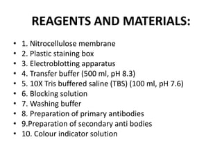 REAGENTS AND MATERIALS:
• 1. Nitrocellulose membrane
• 2. Plastic staining box
• 3. Electroblotting apparatus
• 4. Transfer buffer (500 ml, pH 8.3)
• 5. 10X Tris buffered saline (TBS) (100 ml, pH 7.6)
• 6. Blocking solution
• 7. Washing buffer
• 8. Preparation of primary antibodies
• 9.Preparation of secondary anti bodies
• 10. Colour indicator solution
 