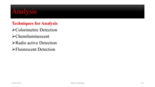 Analysis
Techniques for Analysis
Colorimetric Detection
Chemiluminescent
Radio active Detection
Fluorescent Detection
02-05-2019 Western Blotting 18
 