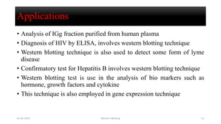 Applications
• Analysis of IGg fraction purified from human plasma
• Diagnosis of HIV by ELISA, involves western blotting technique
• Western blotting technique is also used to detect some form of lyme
disease
• Confirmatory test for Hepatitis B involves western blotting technique
• Western blotting test is use in the analysis of bio markers such as
hormone, growth factors and cytokine
• This technique is also employed in gene expression technique
02-05-2019 Western Blotting 21
 