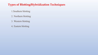 Types of Blotting/Hybridization Techniques
1.Southern blotting
2. Northern blotting
3. Western blotting
4. Eastern blotting
 