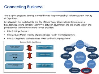 Connecting Business

This is a pilot project to develop a model fibre to the premises (fttp) infrastructure in the City
of Cape Town.
Key players in this model will be the City of Cape Town, Western Cape Government, a
broadband operating company (a SPV/PPP between government and the private sector) and
private sector telecommunications service providers.
• Pilot 1: Fringe Precinct
• Pilot 2: Oude Molen (vicinity of planned Cape Health Technologies Park)
• Pilot 3: Khayelitsha business nodes linked to the VPUU programme
• Supporting identified priority sectors
 