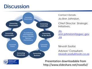 Discussion
                        Contact Details:
                        Jo-Ann Johnston,
                        Chief Director: Strategic
                        Initiatives,
                        Jo-
                        ann.johnston@pgwc.gov
                        .za


                        Nirvesh Sooful,
                        Advisor/ Consultant,
                        nirvesh.sooful@eoh.co.za

              Presentation downloadable from
             http://www.slideshare.net/nsooful/
 