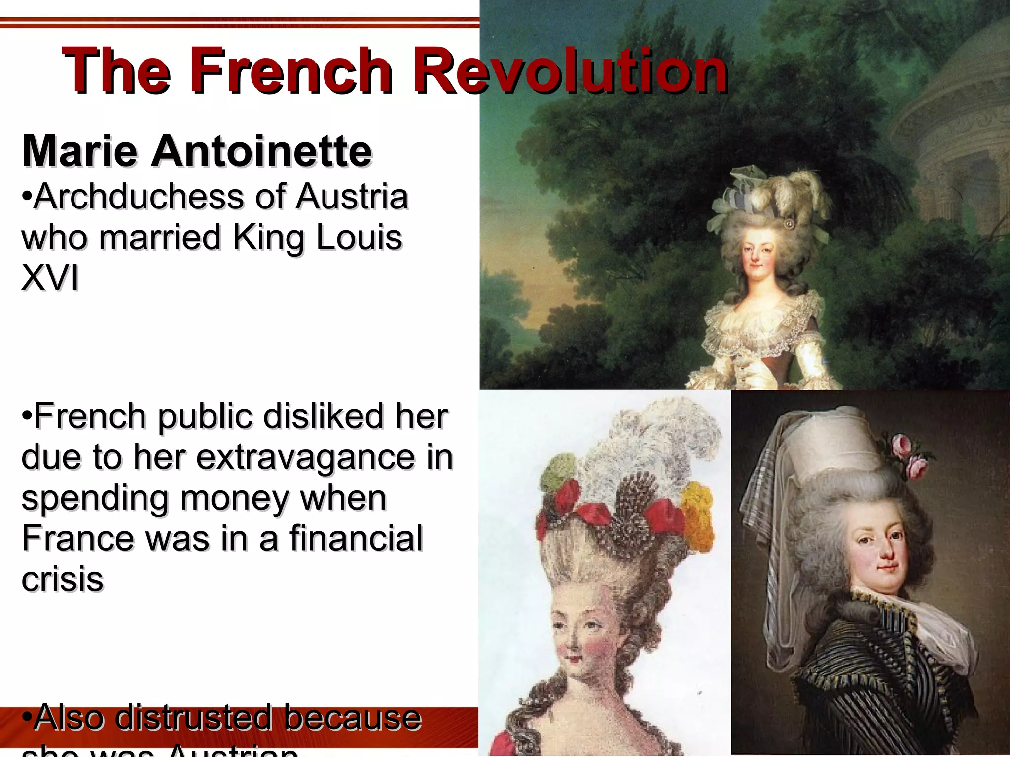 The French Revolution Marie Antoinette   Archduchess of Austria who married King Louis XVI French public disliked her due to her extravagance in spending money when France was in a financial crisis Also distrusted because she was Austrian 