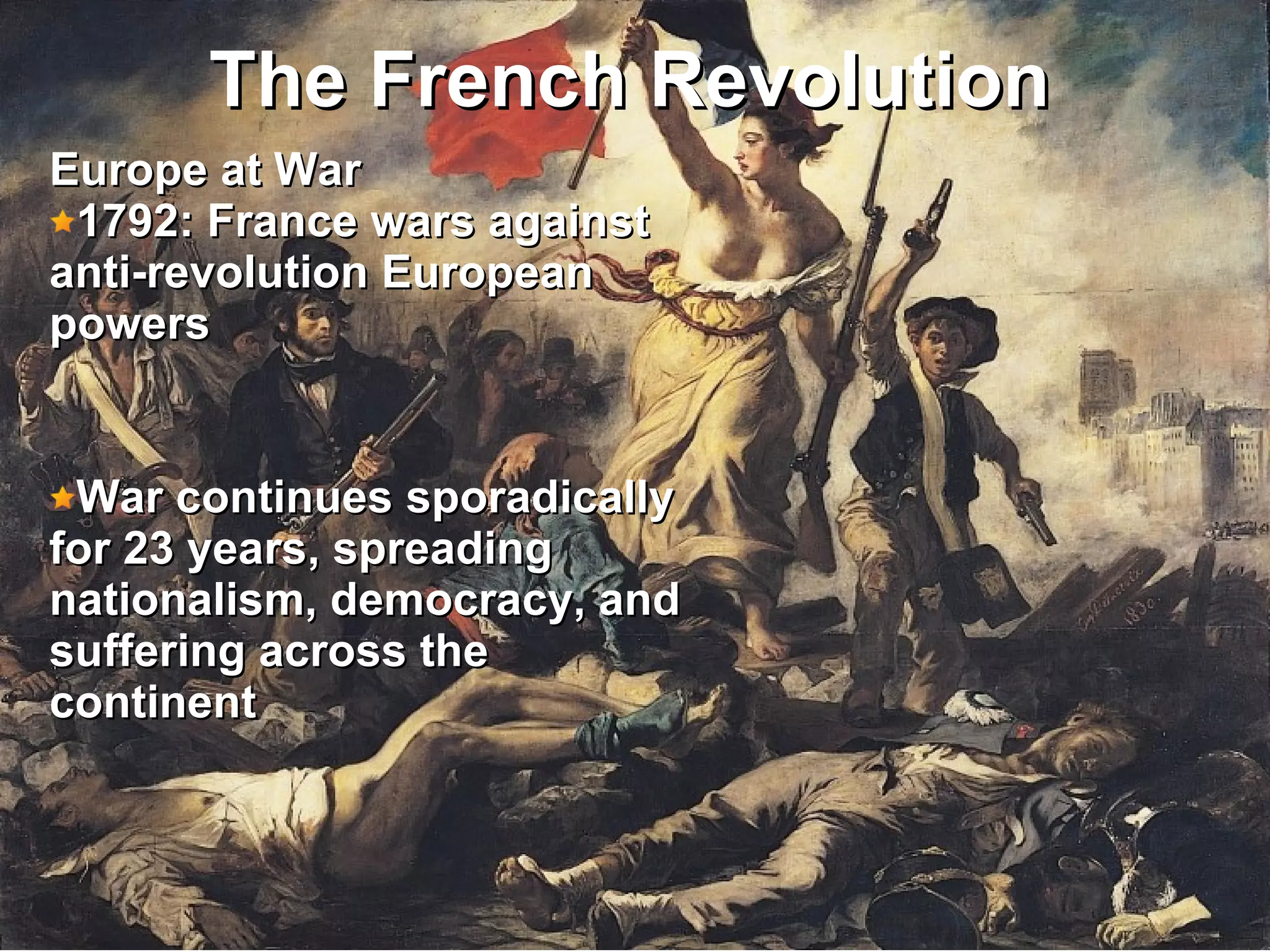 The French Revolution Europe at War  1792: France wars against anti-revolution European powers War continues sporadically for 23 years, spreading nationalism, democracy, and suffering across the continent 