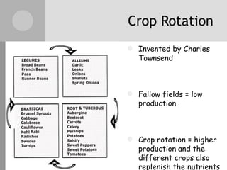 Crop Rotation Invented by Charles Townsend Fallow fields = low production. Crop rotation = higher production and the different crops also replenish the nutrients in the soil. Increased food for humans and animals. 