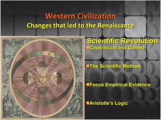 Western Civilization Changes that led to the Renaissance Scientific Revolution Copernicus and Galileo The Scientific Method  Focus Empirical Evidence  Aristotle's Logic 