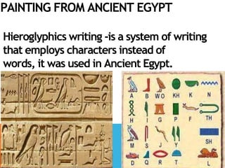 PAINTING FROM ANCIENT EGYPT
Hieroglyphics writing -is a system of writing
that employs characters instead of
words, it was used in Ancient Egypt.
 