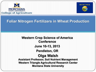 Western Crop Science of America
Conference
June 10-13, 2013
Pendleton, OR
Olga Walsh
Assistant Professor, Soil Nutrient Management
Western Triangle Agricultural Research Center
Montana State University
Foliar Nitrogen Fertilizers in Wheat Production
 