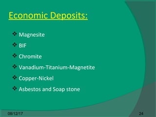 Economic Deposits:
 Magnesite
 BIF
 Chromite
 Vanadium-Titanium-Magnetite
 Copper-Nickel
 Asbestos and Soap stone
2408/12/17
 