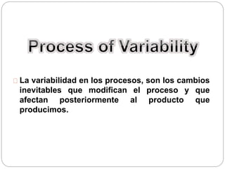 La variabilidad en los procesos, son los cambios
inevitables que modifican el proceso y que
afectan posteriormente al producto que
producimos.