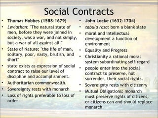 Social Contracts
• Thomas Hobbes (1588-1679)
• Leviathan: "The natural state of
men, before they were joined in
society, w...