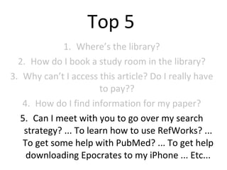 Top 5 Where’s the library? How do I book a study room in the library? Why can’t I access this article? Do I really have to pay??  How do I find information for my paper? Can I meet with you to go over my search strategy? ... To learn how to use RefWorks? ... To get some help with PubMed? ... To get help downloading Epocrates to my iPhone ... Etc... 
