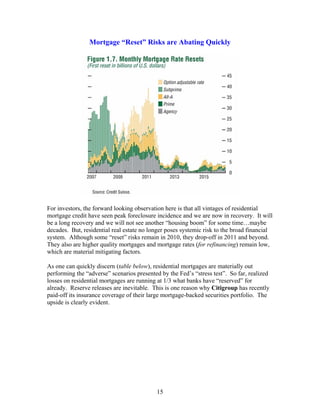 15
Mortgage “Reset” Risks are Abating Quickly
For investors, the forward looking observation here is that all vintages of residential
mortgage credit have seen peak foreclosure incidence and we are now in recovery. It will
be a long recovery and we will not see another “housing boom” for some time…maybe
decades. But, residential real estate no longer poses systemic risk to the broad financial
system. Although some “reset” risks remain in 2010, they drop-off in 2011 and beyond.
They also are higher quality mortgages and mortgage rates (for refinancing) remain low,
which are material mitigating factors.
As one can quickly discern (table below), residential mortgages are materially out
performing the “adverse” scenarios presented by the Fed’s “stress test”. So far, realized
losses on residential mortgages are running at 1/3 what banks have “reserved” for
already. Reserve releases are inevitable. This is one reason why Citigroup has recently
paid-off its insurance coverage of their large mortgage-backed securities portfolio. The
upside is clearly evident.
 