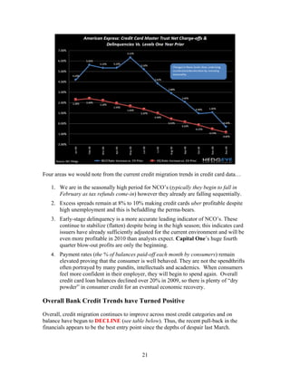 21
Four areas we would note from the current credit migration trends in credit card data…
1. We are in the seasonally high period for NCO’s (typically they begin to fall in
February as tax refunds come-in) however they already are falling sequentially.
2. Excess spreads remain at 8% to 10% making credit cards uber profitable despite
high unemployment and this is befuddling the perma-bears.
3. Early-stage delinquency is a more accurate leading indicator of NCO’s. These
continue to stabilize (flatten) despite being in the high season; this indicates card
issuers have already sufficiently adjusted for the current environment and will be
even more profitable in 2010 than analysts expect. Capital One’s huge fourth
quarter blow-out profits are only the beginning.
4. Payment rates (the % of balances paid-off each month by consumers) remain
elevated proving that the consumer is well behaved. They are not the spendthrifts
often portrayed by many pundits, intellectuals and academics. When consumers
feel more confident in their employer, they will begin to spend again. Overall
credit card loan balances declined over 20% in 2009, so there is plenty of “dry
powder” in consumer credit for an eventual economic recovery.
Overall Bank Credit Trends have Turned Positive
Overall, credit migration continues to improve across most credit categories and on
balance have begun to DECLINE (see table below). Thus, the recent pull-back in the
financials appears to be the best entry point since the depths of despair last March.
 