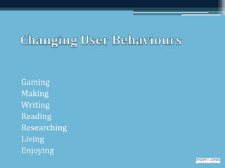 Gaming
Making
Writing
Reading
Researching
Living
Enjoying
 