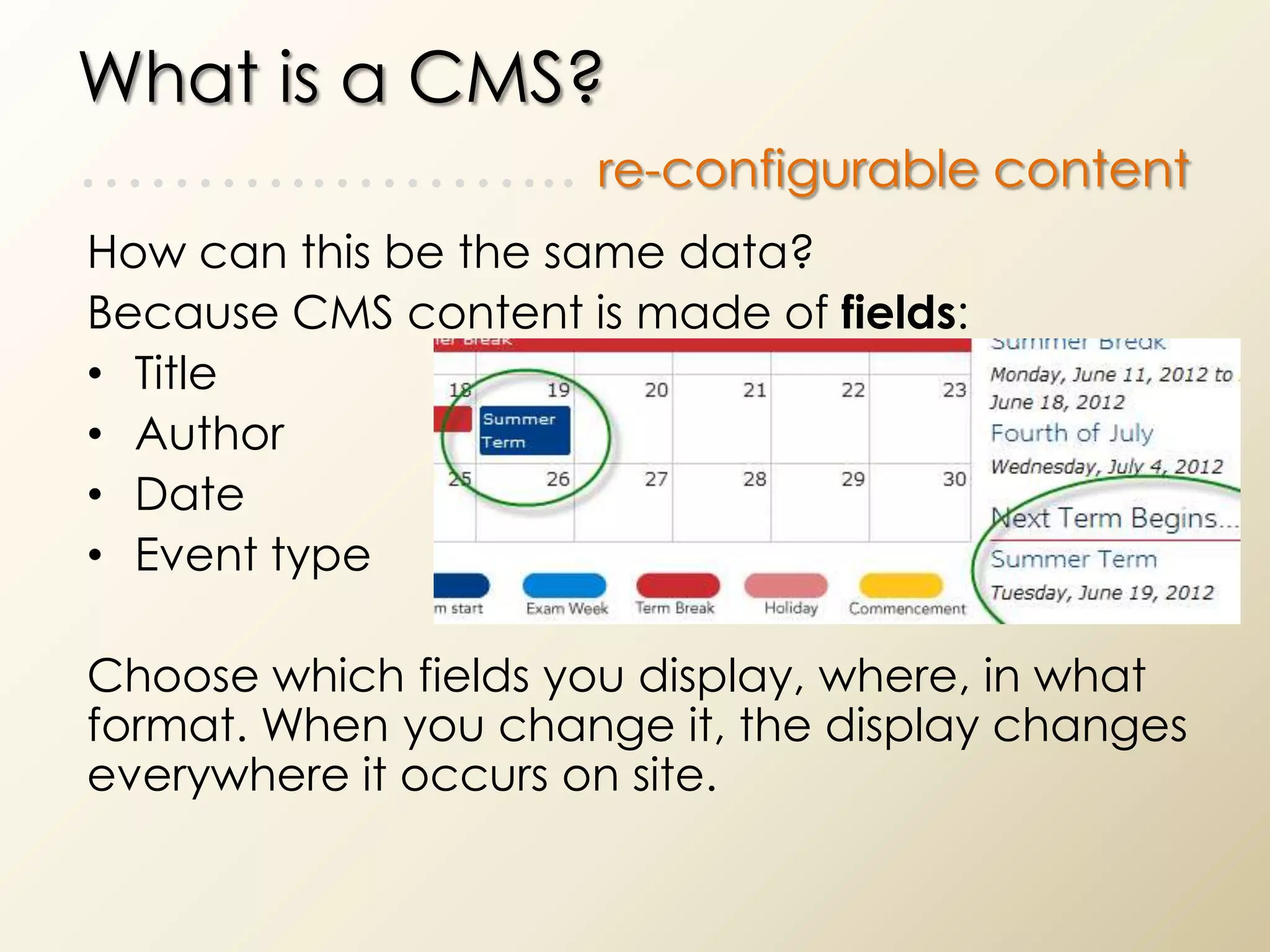What is a CMS?
……….………... re-configurable content
How can this be the same data?
Because CMS content is made of fields:
• Title
• Author
• Date
• Event type

Choose which fields you display, where, in what
format. When you change it, the display changes
everywhere it occurs on site.
 
