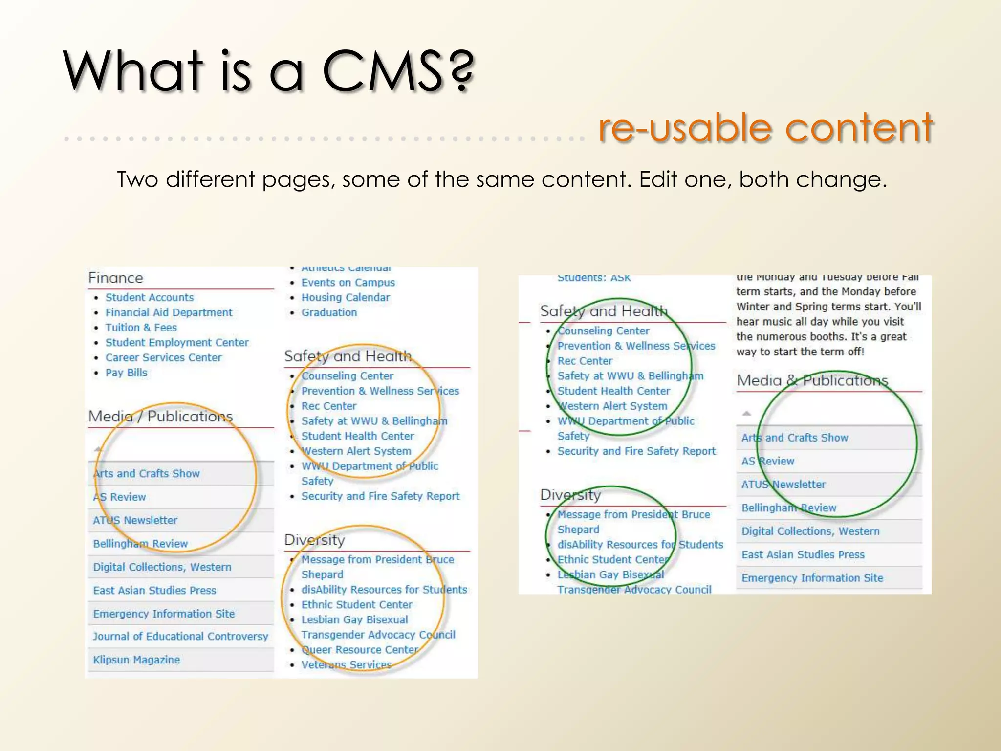 What is a CMS?
………………………………….. re-usable content
  Two different pages, some of the same content. Edit one, both change.
 