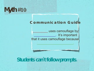 Students cant follow prompts. Myth #10  Communication Guide _________  uses camouflage by _____________.   Its important that it uses camouflage because  ______________________. 