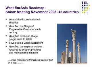 West EurAsia Roadmap
Shiraz Meeting November 2008 -15 countries
 summarised current control
situation
 identified the Stage of
Progressive Control of each
country
 identified expected Stage
progression to 2020
 developed a Vision Statement
 identified the regional actions
required to support progress
and maintain the initiative
....while recognising Persepolis was not built
in a day...........
 
