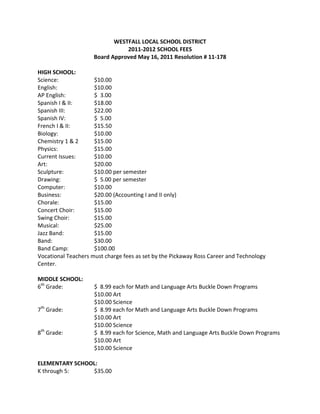 WESTFALL LOCAL SCHOOL DISTRICT
                                2011-2012 SCHOOL FEES
                     Board Approved May 16, 2011 Resolution # 11-178

HIGH SCHOOL:
Science:             $10.00
English:             $10.00
AP English:          $ 3.00
Spanish I & II:      $18.00
Spanish III:         $22.00
Spanish IV:          $ 5.00
French I & II:       $15.50
Biology:             $10.00
Chemistry 1 & 2      $15.00
Physics:             $15.00
Current Issues:      $10.00
Art:                 $20.00
Sculpture:           $10.00 per semester
Drawing:             $ 5.00 per semester
Computer:            $10.00
Business:            $20.00 (Accounting I and II only)
Chorale:             $15.00
Concert Choir:       $15.00
Swing Choir:         $15.00
Musical:             $25.00
Jazz Band:           $15.00
Band:                $30.00
Band Camp:           $100.00
Vocational Teachers must charge fees as set by the Pickaway Ross Career and Technology
Center.

MIDDLE SCHOOL:
6th Grade:           $ 8.99 each for Math and Language Arts Buckle Down Programs
                     $10.00 Art
                     $10.00 Science
7th Grade:           $ 8.99 each for Math and Language Arts Buckle Down Programs
                     $10.00 Art
                     $10.00 Science
8th Grade:           $ 8.99 each for Science, Math and Language Arts Buckle Down Programs
                     $10.00 Art
                     $10.00 Science

ELEMENTARY SCHOOL:
K through 5:    $35.00
 