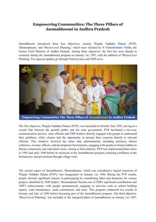‭
Empowering Communities: The Three Pillars of‬
‭
Janmabhoomi in Andhra Pradesh‬
‭
Janmabhoomi‬ ‭
introduced‬ ‭
three‬ ‭
key‬ ‭
objectives,‬ ‭
namely‬ ‭
'Prajala‬ ‭
Vaddaku‬ ‭
Palana'‬ ‭
(PVP),‬
‭
'Shramadanam,'‬ ‭
and‬ ‭
'Micro-Level‬ ‭
Planning,'‬ ‭
which‬‭
were‬‭
initiated‬‭
by‬‭
N‬‭
Chandrababu‬‭
Naidu‬
‭
,‬‭
the‬
‭
former‬ ‭
Chief‬ ‭
Minister‬ ‭
of‬ ‭
Andhra‬ ‭
Pradesh.‬ ‭
Among‬ ‭
these‬ ‭
objectives,‬ ‭
the‬ ‭
first‬‭
two‬‭
were‬‭
already‬‭
in‬
‭
existence‬‭
during‬‭
the‬‭
Janmabhoomi‬‭
program‬‭
on‬‭
January‬‭
1st,‬‭
1997,‬‭
with‬‭
the‬‭
addition‬‭
of‬‭
'Micro-Level‬
‭
Planning.' For regional updates go through Political news and‬‭
TDP news‬
‭
.‬
‭
The‬‭
first‬‭
objective,‬‭
'Prajala‬‭
Vaddaku‬‭
Palana'‬‭
(PVP),‬‭
was‬‭
launched‬‭
on‬‭
October‬‭
2nd,‬‭
1995,‬‭
serving‬‭
as‬‭
a‬
‭
crucial‬ ‭
link‬ ‭
between‬ ‭
the‬ ‭
general‬ ‭
public‬ ‭
and‬ ‭
the‬ ‭
state‬ ‭
government.‬ ‭
PVP‬ ‭
facilitated‬ ‭
a‬ ‭
two-way‬
‭
communication‬‭
process:‬‭
state‬‭
officials‬‭
and‬‭
TDP‬‭
leaders‬‭
directly‬‭
engaged‬‭
with‬‭
people‬‭
to‬‭
understand‬
‭
their‬ ‭
problems,‬ ‭
while‬ ‭
citizens‬ ‭
had‬ ‭
the‬ ‭
opportunity‬ ‭
to‬ ‭
present‬ ‭
their‬ ‭
concerns‬ ‭
directly‬ ‭
to‬ ‭
relevant‬
‭
officials.‬ ‭
This‬ ‭
initiative‬ ‭
involved‬ ‭
the‬ ‭
entire‬ ‭
state‬ ‭
administration,‬ ‭
including‬ ‭
ministers,‬ ‭
district‬
‭
collectors,‬‭
revenue‬‭
officers,‬‭
and‬‭
development‬‭
functionaries,‬‭
engaging‬‭
with‬‭
people‬‭
in‬‭
Grama‬‭
Sabhas‬‭
to‬
‭
discuss‬‭
community‬‭
and‬‭
individual‬‭
issues,‬‭
aiming‬‭
to‬‭
find‬‭
solutions.‬‭
PVP‬‭
was‬‭
implemented‬‭
three‬‭
times‬
‭
in‬‭
1995‬‭
and‬‭
early‬‭
1996‬‭
before‬‭
its‬‭
inclusion‬‭
in‬‭
the‬‭
Janmabhoomi‬‭
program,‬‭
fostering‬‭
confidence‬‭
in‬‭
the‬
‭
bureaucracy and government through village visits.‬
‭
The‬ ‭
second‬ ‭
aspect‬ ‭
of‬ ‭
Janmabhoomi,‬ ‭
'Shramadanam,'‬‭
which‬‭
was‬‭
considered‬‭
a‬‭
logical‬‭
extension‬‭
of‬
‭
'Prajala‬ ‭
Vaddaku‬ ‭
Palana‬ ‭
(PVP),'‬ ‭
was‬ ‭
inaugurated‬ ‭
on‬ ‭
January‬ ‭
1st,‬ ‭
1996.‬ ‭
During‬ ‭
the‬ ‭
PVP‬ ‭
rounds,‬
‭
people‬ ‭
showed‬ ‭
significant‬ ‭
interest‬ ‭
in‬‭
participating‬‭
by‬‭
contributing‬‭
labor‬‭
and‬‭
donations‬‭
for‬‭
various‬
‭
projects‬‭
identified‬‭
by‬‭
TDP‬‭
leaders.‬‭
'Shramadanam'‬‭
became‬‭
one‬‭
of‬‭
TDP's‬‭
significant‬‭
contributions‬‭
and‬
‭
TDP’s‬ ‭
achievements,‬ ‭
with‬ ‭
people‬ ‭
spontaneously‬ ‭
engaging‬ ‭
in‬ ‭
activities‬ ‭
such‬ ‭
as‬ ‭
school‬ ‭
building‬
‭
repairs,‬ ‭
road‬ ‭
maintenance,‬ ‭
canal‬ ‭
construction,‬ ‭
and‬ ‭
more.‬ ‭
This‬ ‭
program‬ ‭
conducted‬ ‭
two‬ ‭
rounds‬ ‭
in‬
‭
January‬‭
and‬‭
July‬‭
of‬‭
1996‬‭
before‬‭
becoming‬‭
part‬‭
of‬‭
the‬‭
Janmabhoomi‬‭
program.‬‭
The‬‭
third‬‭
objective,‬
‭
'Micro-Level‬‭
Planning,'‬‭
was‬‭
included‬‭
in‬‭
the‬‭
inaugural‬‭
phase‬‭
of‬‭
Janmabhoomi‬‭
on‬‭
January‬‭
1st,‬‭
1997.‬
 