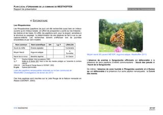 PLAN LOCAL D'URBANISME DE LA COMMUNE DE WESTHOFFEN
Rapport de présentation                                                                                                                               ETAT INITIAL DE L'ENVIRONNEMENT




                      a) ENTOMOFAUNE

Les Rhopalocères
Les Rhopalocères (papillons de jour) ont été recherchés aussi bien en milieux
ouverts qu’en milieux boisés. Un effort de prospection a porté sur les linéaires :
les lisières et les haies. En effet, les papillons sont, pour la plupart, sensibles à
la structure su paysage. La détermination de ces espèces se fait à vue ou par
capture-relâche. Les recherches doivent s’effectuer lors de journées
ensoleillées et par vent modéré.

  Nom commun            Nom scientifique           DH          Lg. F         LRA/LOA
Azuré du trèfle        Everes argiades                                       Vulnérable
                                                                                 A
Moyen Nacré            Argynnis adippe
                                                                              Surveiller
                                                                                                         Moyen nacré (© Laurent MEYER, Argynnis adippe, Westhoffen 2011)
Nacré de la ronce      Brenthis daphne                                        En Déclin
DH        Directive Habitats, Union européenne (1992)
                                                                                                         L’absence de prairies à Sanguisorba officinalis est défavorable à la
Lg. F     Arrêté du 23 février 2007 fixant la liste des insectes protégés sur l’ensemble du territoire
          national                                                                                       présence de deux papillons d’intérêt communautaire : l’Azuré des paluds et
LRA/LOA   Liste Rouge et Orange Alsace (in ODONAT, 2003)                                                 l’Azuré de la Sanguisorbe.
En gras   Espèces patrimoniales
                                                                                                         De même, l’absence de zone humide à Phragmites australis et à Rumex
Liste des papillons remarquables recensés sur le ban communal de                                         sp. est défavorable à la présence d’un autre papillon remarquable : le Cuivré
Westhoffen (investigations de terrain de 2011)                                                           des marais.

Ces trois espèces sont inscrites sur la Liste Rouge de la Nature menacée en
Alsace (ODONAT, 2003).




OTE INGÉNIERIE                                                                                                                                                                  87/107
                                                                                                                                                                               02/05/2012
 