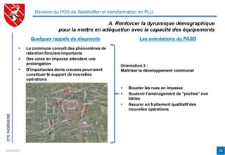 Révision du POS de Westhoffen et transformation en PLU

                                                        A. Renforcer la dynamique démographique
                                    pour la mettre en adéquation avec la capacité des équipements
                       Quelques rappels du diagnostic                    Les orientations du PADD

                    La commune connaît des phénomènes de
                     rétention foncière importants
                    Des voies en impasse attendent une
                     prolongation                               Orientation 3 :
                    D'importantes dents creuses pourraient     Maîtriser le développement communal
                     constituer le support de nouvelles
                     opérations

                                                                   Boucler les rues en impasse
                                                                   Soutenir l'aménagement de "poches" non
                                                                    bâties
                                                                   Assurer un traitement qualitatif des
                                                                    nouvelles opérations
OTE INGÉNIERIE




03/04/2012                                                                                                   10
 