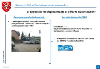 Révision du POS de Westhoffen et transformation en PLU


                                      C. Organiser les déplacements et gérer le stationnement

                       Quelques rappels du diagnostic                        Les orientations du PADD

                    La réorganisation du réseau 67 dans la
                     perspective de l'arrivée du TSPO a conduit à
                     une dégradation de l'offre                     Orientation 11 :
                                                                    Soutenir le rétablissement d'une desserte en
                                                                    transport en commun efficace



                                                                       Rétablir un rabattement efficace vers l'arrêt
                                                                        du TSPO à l'entrée du Kronthal
OTE INGÉNIERIE




03/04/2012                                                                                                              18
 