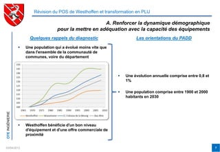 Révision du POS de Westhoffen et transformation en PLU

                                                         A. Renforcer la dynamique démographique
                                     pour la mettre en adéquation avec la capacité des équipements
                       Quelques rappels du diagnostic                      Les orientations du PADD

                    Une population qui a évolué moins vite que
                     dans l'ensemble de la communauté de
                     communes, voire du département



                                                                     Une évolution annuelle comprise entre 0,8 et
                                                                      1%

                                                                     Une population comprise entre 1900 et 2000
                                                                      habitants en 2030
OTE INGÉNIERIE




                    Westhoffen bénéficie d'un bon niveau
                     d'équipement et d'une offre commerciale de
                     proximité


03/04/2012                                                                                                           7
 