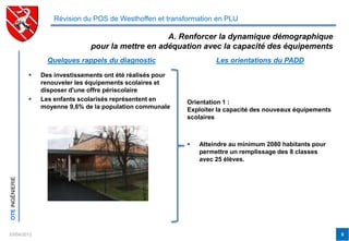 Révision du POS de Westhoffen et transformation en PLU

                                                        A. Renforcer la dynamique démographique
                                    pour la mettre en adéquation avec la capacité des équipements
                       Quelques rappels du diagnostic                     Les orientations du PADD

                    Des investissements ont été réalisés pour
                     renouveler les équipements scolaires et
                     disposer d'une offre périscolaire
                    Les enfants scolarisés représentent en      Orientation 1 :
                     moyenne 9,6% de la population communale     Exploiter la capacité des nouveaux équipements
                                                                 scolaires



                                                                    Atteindre au minimum 2080 habitants pour
                                                                     permettre un remplissage des 8 classes
                                                                     avec 25 élèves.
OTE INGÉNIERIE




03/04/2012                                                                                                        8
 