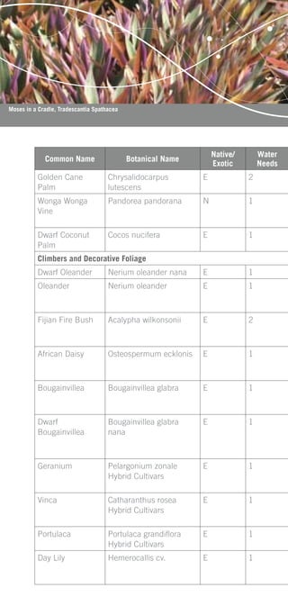 Moses in a Cradle, Tradescantia Spathacea




                                                                 Native/       Water
             Common Name                    Botanical Name
                                                                 Exotic        Needs
          Golden Cane                Chrysalidocarpus        E             2
          Palm                       lutescens
          Wonga Wonga                Pandorea pandorana      N             1
          Vine

          Dwarf Coconut              Cocos nucifera          E             1
          Palm
          Climbers and Decorative Foliage
          Dwarf Oleander             Nerium oleander nana    E             1
          Oleander                   Nerium oleander         E             1



          Fijian Fire Bush           Acalypha wilkonsonii    E             2



          African Daisy              Osteospermum ecklonis   E             1



          Bougainvillea              Bougainvillea glabra    E             1



          Dwarf                      Bougainvillea glabra    E             1
          Bougainvillea              nana



          Geranium                   Pelargonium zonale      E             1
                                     Hybrid Cultivars

          Vinca                      Catharanthus rosea      E             1
                                     Hybrid Cultivars

          Portulaca                  Portulaca grandiﬂora    E             1
                                     Hybrid Cultivars
          Day Lily                   Hemerocallis cv.        E             1
 