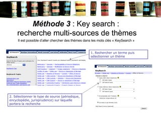 Méthode 3 : Key search :
recherche multi-sources de thèmes
1. Rechercher un terme puis
sélectionner un thème
2. Sélectionn...
