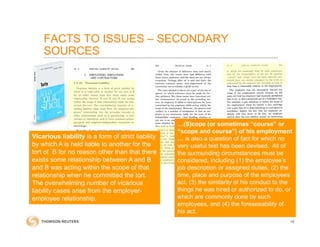 FACTS TO ISSUES – SECONDARY
SOURCES
19
Vicarious liability is a form of strict liability
by which A is held liable to another for the
tort of B for no reason other than that there
exists some relationship between A and B
and B was acting within the scope of that
relationship when he committed the tort.
The overwhelming number of vicarious
liability cases arise from the employer-
employee relationship.
…(S)cope (or sometimes “course” or
“scope and course”) of his employment
… is also a question of fact for which no
very useful test has been devised. All of
the surrounding circumstances must be
considered, including (1) the employee’s
job description or assigned duties, (2) the
time, place and purpose of the employees
act, (3) the similarity of his conduct to the
things he was hired or authorized to do, or
which are commonly done by such
employees, and (4) the foreseeability of
his act.
 