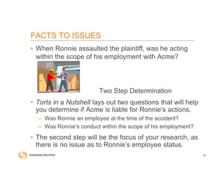 FACTS TO ISSUES
• When Ronnie assaulted the plaintiff, was he acting
within the scope of his employment with Acme?
Two Step Determination
• Torts in a Nutshell lays out two questions that will help
you determine if Acme is liable for Ronnie’s actions.
– Was Ronnie an employee at the time of the accident?
– Was Ronnie’s conduct within the scope of his employment?
• The second step will be the focus of your research, as
there is no issue as to Ronnie’s employee status.
22
 