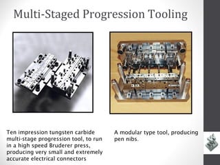 Multi-Staged Progression Tooling




Ten impression tungsten carbide        A modular type tool, producing
multi-stage progression tool, to run   pen nibs.
in a high speed Bruderer press,
producing very small and extremely
accurate electrical connectors
 