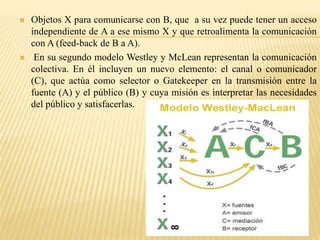  Objetos X para comunicarse con B, que a su vez puede tener un acceso
independiente de A a ese mismo X y que retroalimenta la comunicación
con A (feed-back de B a A).
 En su segundo modelo Westley y McLean representan la comunicación
colectiva. En él incluyen un nuevo elemento: el canal o comunicador
(C), que actúa como selector o Gatekeeper en la transmisión entre la
fuente (A) y el público (B) y cuya misión es interpretar las necesidades
del público y satisfacerlas.
 