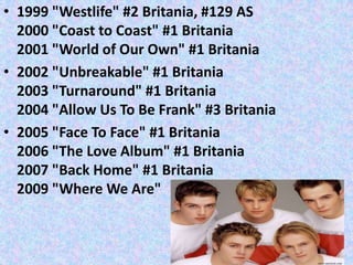 • 1999 "Westlife" #2 Britania, #129 AS
  2000 "Coast to Coast" #1 Britania
  2001 "World of Our Own" #1 Britania
• 2002 "Unbreakable" #1 Britania
  2003 "Turnaround" #1 Britania
  2004 "Allow Us To Be Frank" #3 Britania
• 2005 "Face To Face" #1 Britania
  2006 "The Love Album" #1 Britania
  2007 "Back Home" #1 Britania
  2009 "Where We Are"
 