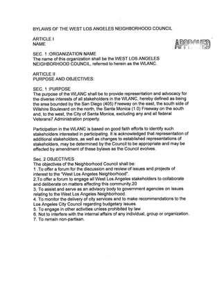 WEST LOS ANGELES
NEIGHBORHOOD COUNCIL
(WLANC)
BYLAWS
Approved October 31, 2013

WLA Neighborhood Council – Approved 10/31/13
(1)

 