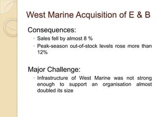 West Marine Acquisition of E & B
Consequences:
 ◦ Sales fell by almost 8 %
 ◦ Peak-season out-of-stock levels rose more than
   12%


Major Challenge:
 ◦ Infrastructure of West Marine was not strong
   enough to support an organisation almost
   doubled its size
 