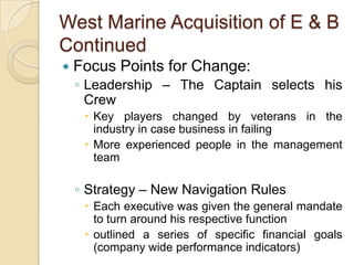 West Marine Acquisition of E & B
Continued
   Focus Points for Change:
    ◦ Leadership – The Captain selects his
      Crew
      Key players changed by veterans in the
       industry in case business in failing
      More experienced people in the management
       team

    ◦ Strategy – New Navigation Rules
      Each executive was given the general mandate
       to turn around his respective function
      outlined a series of specific financial goals
       (company wide performance indicators)
 