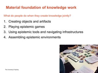 The University of Sydney Page 6
Material foundation of knowledge work
1. Creating objects and artifacts
2. Playing epistemic games
3. Using epistemic tools and navigating infrastructures
4. Assembling epistemic environments
What do people do when they create knowledge jointly?
 