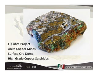 El	
  Cobre	
  Project	
  
Anita	
  Copper	
  Mines	
  
Surface	
  Ore	
  Dump	
  
High	
  Grade	
  Copper	
  Sulphides	
  	
  
 