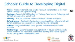 Schools’ Guide to Developing Digital
• Vision - Clear, evidence based Digital vision; all stakeholders at the heart
of the Strategy to support learning
• Training - Spend >20% IT budget on Training, Teachers on Pedagogy and
all Staff on productive use of Tech
• Identity - Plan for seamless and secure use of Devices and Cloud
• Infrastructure - Resilient Infrastructure, ensuring efficacy of use by all with
simple processes for procurement and maintaining standards
• Safety - Safeguard children, data, systems and develop responsible
children
• Partnerships - External support to supplement in-house Technical Skills,
create test beds for innovation to enhance learning and enable agility
within steady predictable development
 