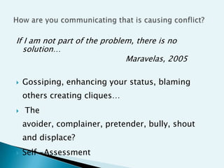 If I am not part of the problem, there is no
  solution…
                              Maravelas, 2005

   Gossiping, enhancing your status, blaming
    others creating cliques…
   The
    avoider, complainer, pretender, bully, shout
    and displace?
   Self -Assessment
 