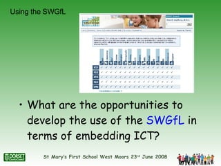 What are the opportunities to develop the use of the  SWGfL  in terms of embedding ICT?  Using the SWGfL 