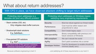 Security Must be robust against our threat model
Performance
Cost must be within reason and
proportional to value
Compatibility Don’t break legacy apps
Interoperability
Binary compatibility with previous and
future versions of Windows
ABI compliant We can’t rebuild the world
Agility Don’t paint ourselves into a corner
Developer friction
Cost for developers to enable should be
minimal (ideally zero)
ü Stack cookies (/GS, etc)
•  Only mitigates stack buffer overruns
ü Shadow/split stack solutions
•  E.g. SafeStack (
http://clang.llvm.org/docs/SafeStack.html)
ü Fine-grained CFI solutions
•  E.g. RAP (https://www.grsecurity.net/rap_announce.php)
 