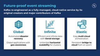Future-proof event streaming
Kafka re-engineered as a fully-managed, cloud-native service by its
original creators and major contributors of Kafka
Global
Automated disaster
recovery
Global applications with
geo-awareness
Infinite
Efficient and infinite data
with tiered storage
Unlimited horizontal
scalability for clusters
Elastic
Easy multi-cloud
orchestration
Persistent bridge to
cloud from on-prem
 