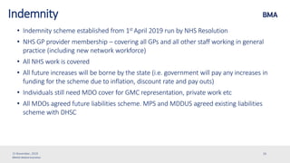 ©British Medical Association
Indemnity
• Indemnity scheme established from 1st April 2019 run by NHS Resolution
• NHS GP provider membership – covering all GPs and all other staff working in general
practice (including new network workforce)
• All NHS work is covered
• All future increases will be borne by the state (i.e. government will pay any increases in
funding for the scheme due to inflation, discount rate and pay outs)
• Individuals still need MDO cover for GMC representation, private work etc
• All MDOs agreed future liabilities scheme. MPS and MDDUS agreed existing liabilities
scheme with DHSC
15 November, 2019 26
 